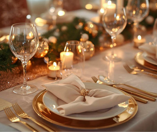 Elegant Holiday Table Setting with Gold Ornaments and Candles